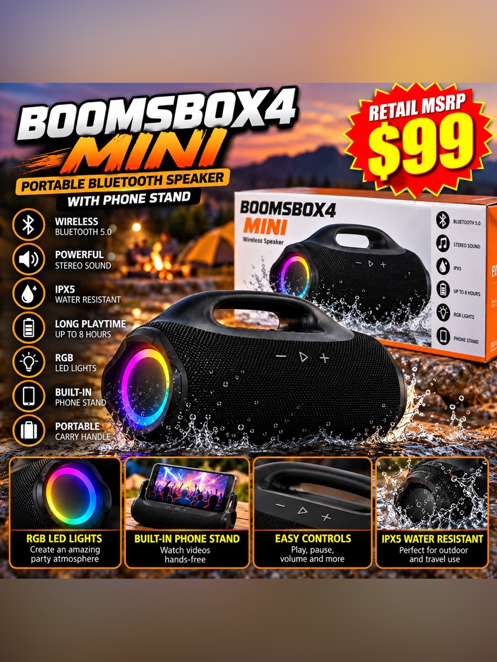 Source Unknown Black BoomsBox4 Mini Portable Bluetooth Speaker with RGB Lights